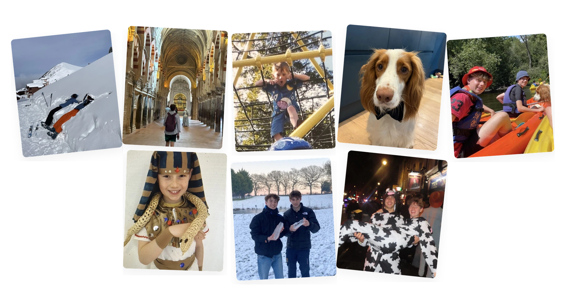 A scatter of snapshots: face-planting in the snow on a ski trip, walking the arches of the Mezquita-Catedral, climbing a playground frame as a child, my spaniel Balthasar in a bow tie, kayaking, dressed as a pharaoh, in the snow with a friend, and out in a cow-print onesie