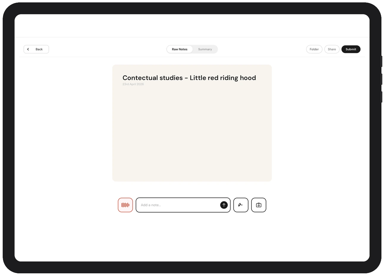 Lectra capture screen with the record, note and photo controls