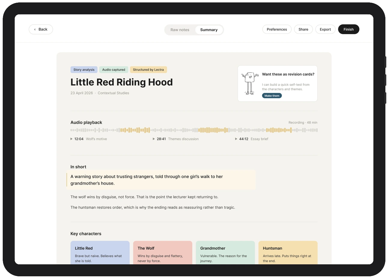 Lectra summary notes with audio playback, key characters and story flow