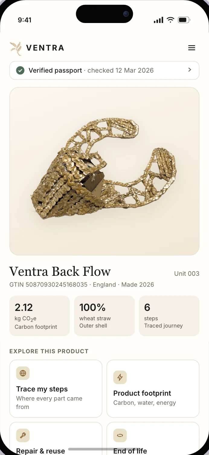 The Ventra digital product passport, shown across five screens