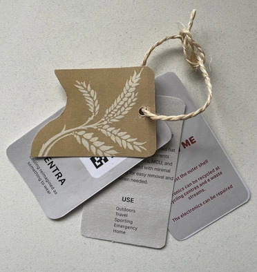 The folded tags tied with jute string