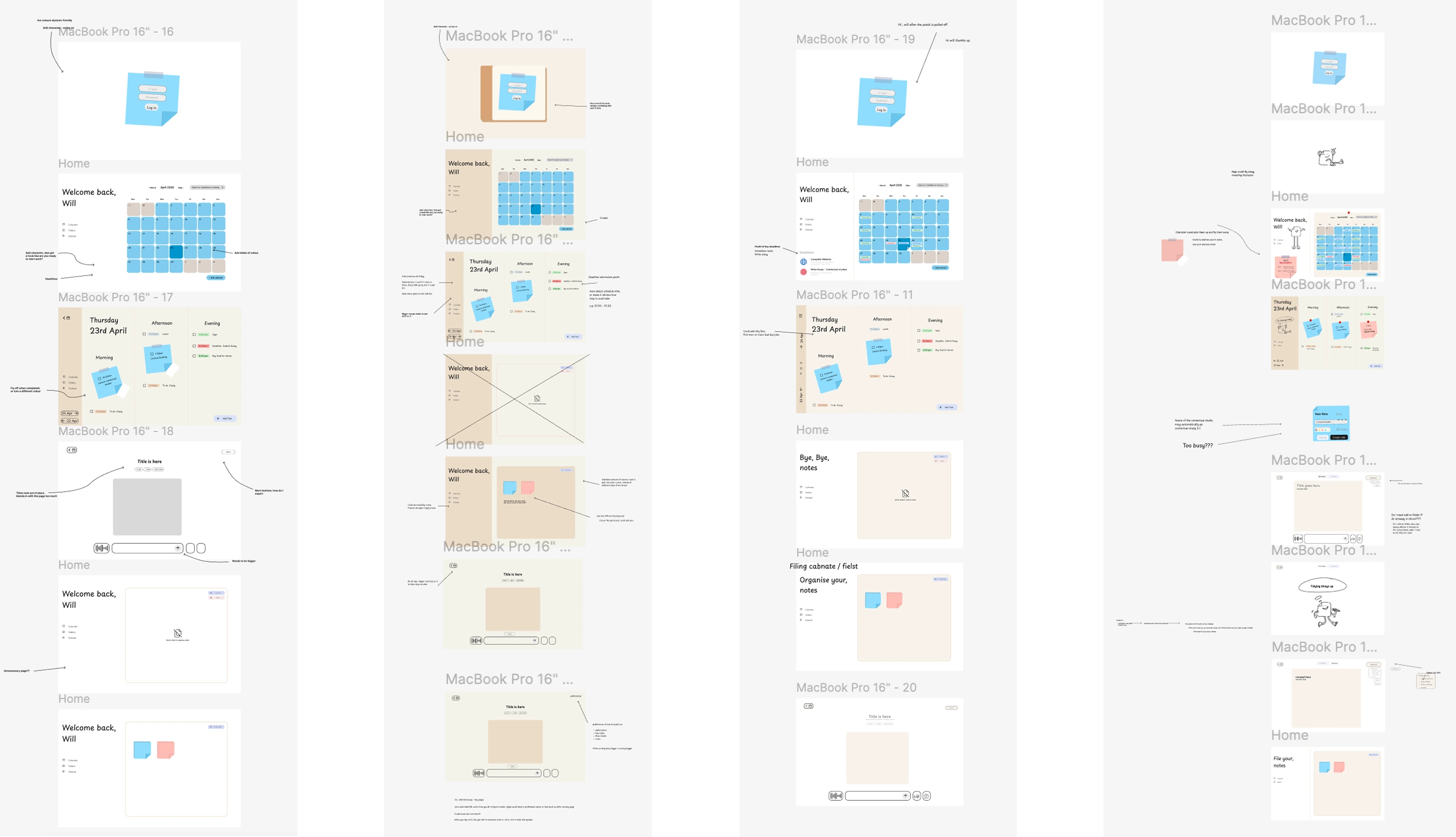 Further development — annotated wireframe iterations