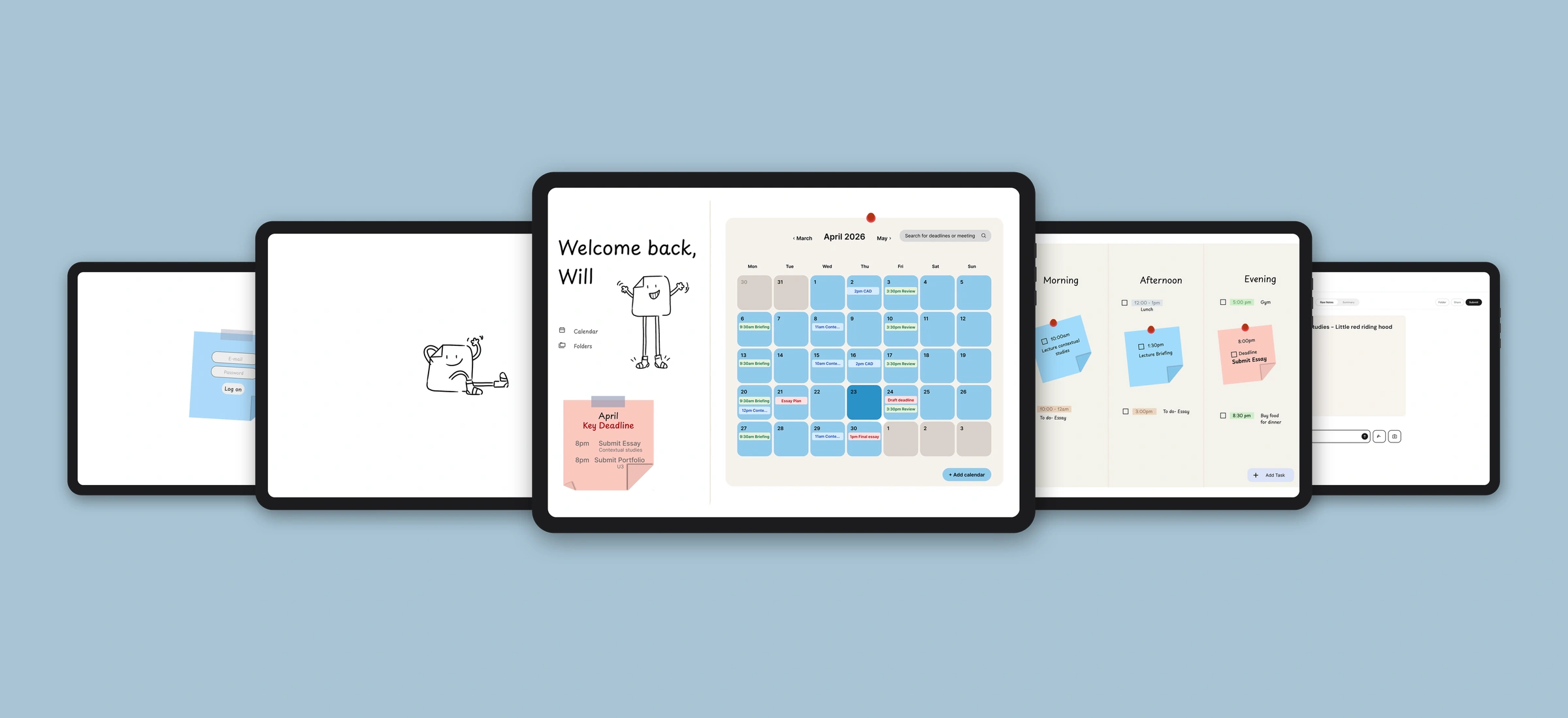Five iPad screens fanned out: log in, the character intro, the dashboard with April's calendar and key deadlines, the daily plan, and the notes view