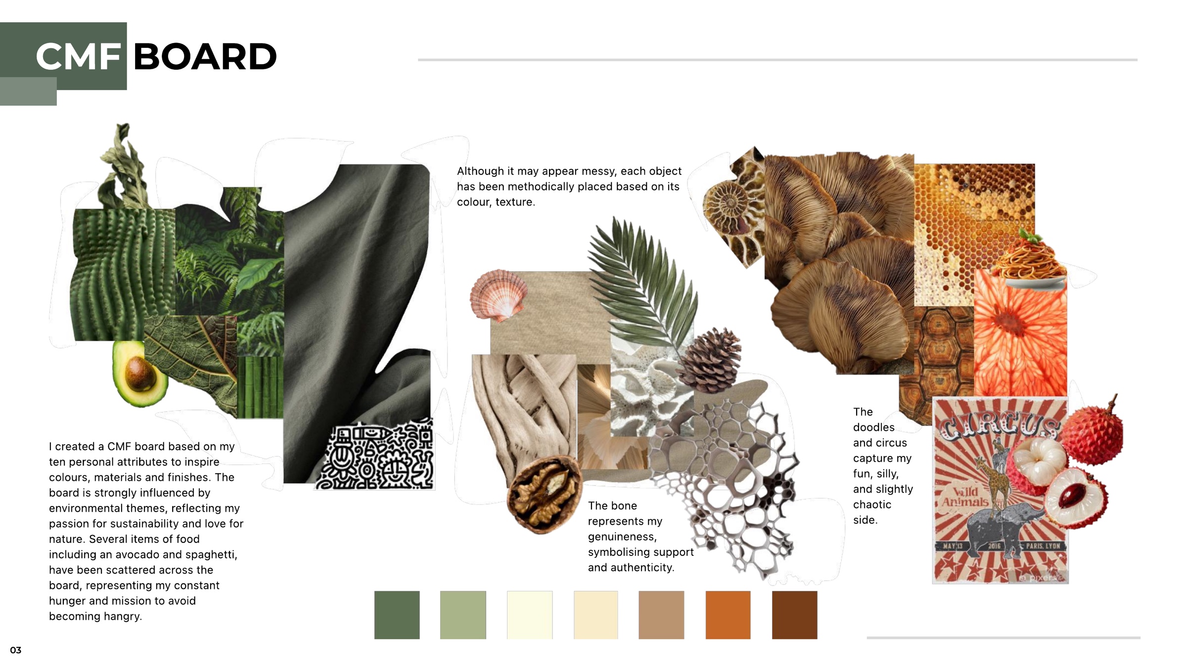 CMF board collaging plants, fungi, bone, honeycomb, food and a circus poster, with a seven-swatch colour palette