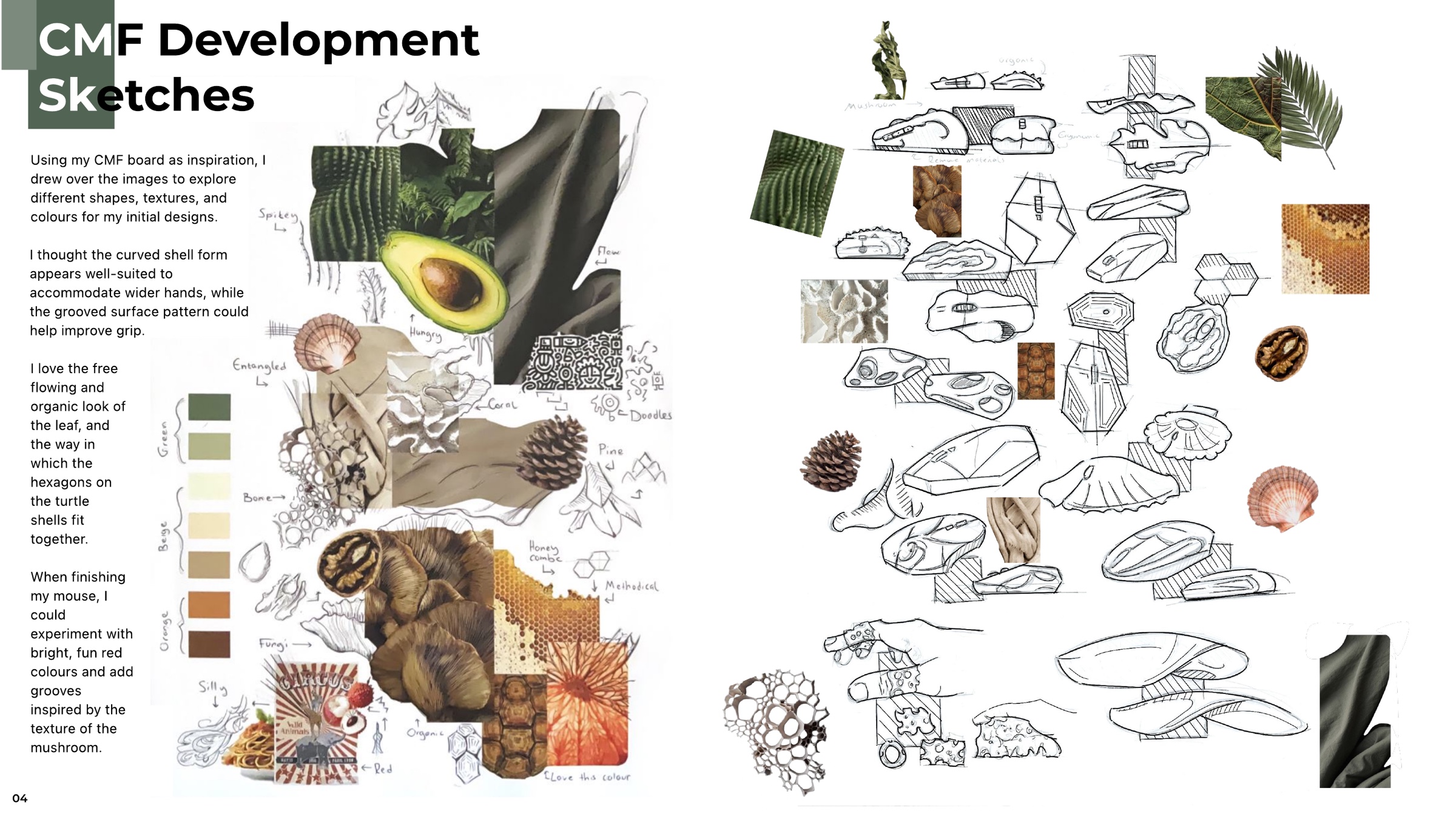 Sketches drawn directly over the CMF board imagery, next to a wall of small mouse concept thumbnails