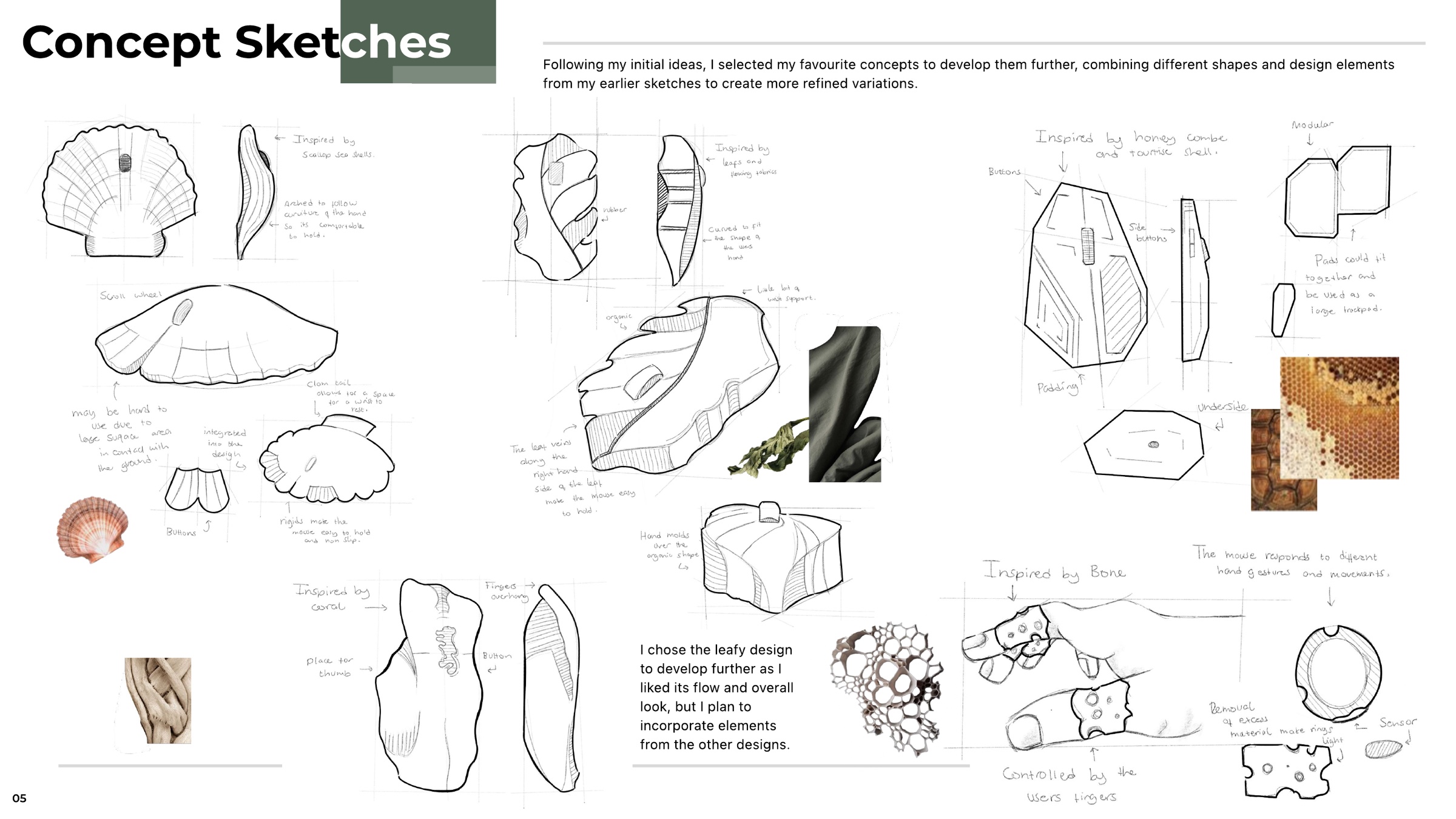 Four developed concept directions: scallop shell, leaf, honeycomb and bone