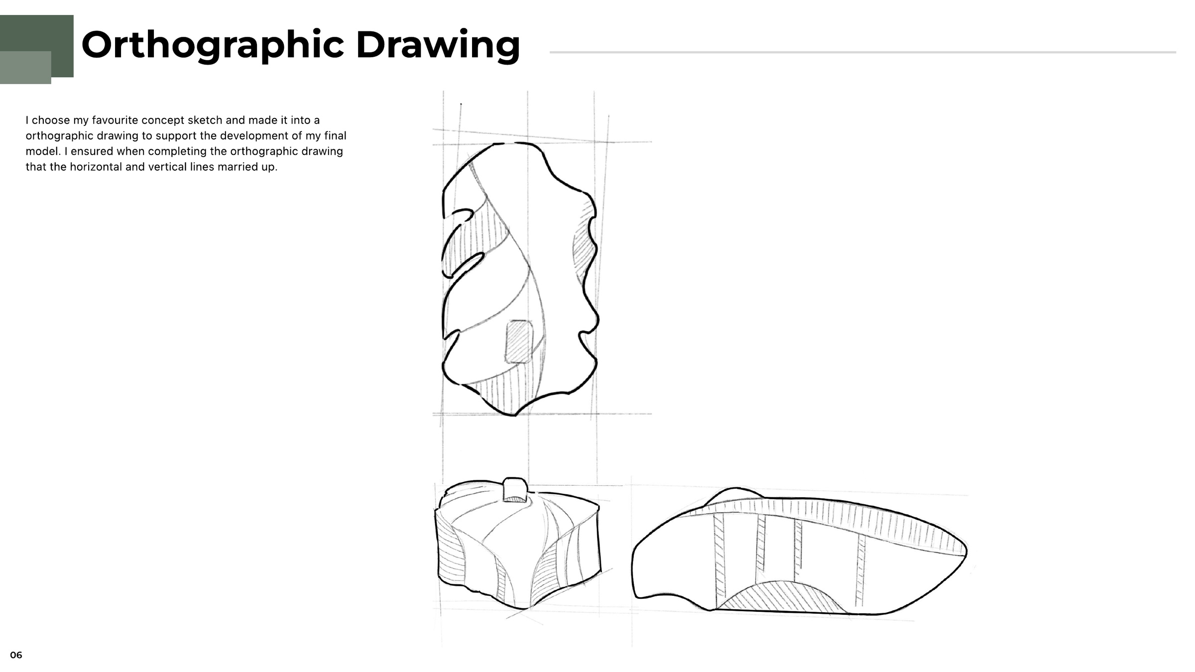 Hand-drawn orthographic drawing of the leaf mouse in plan, front and side view
