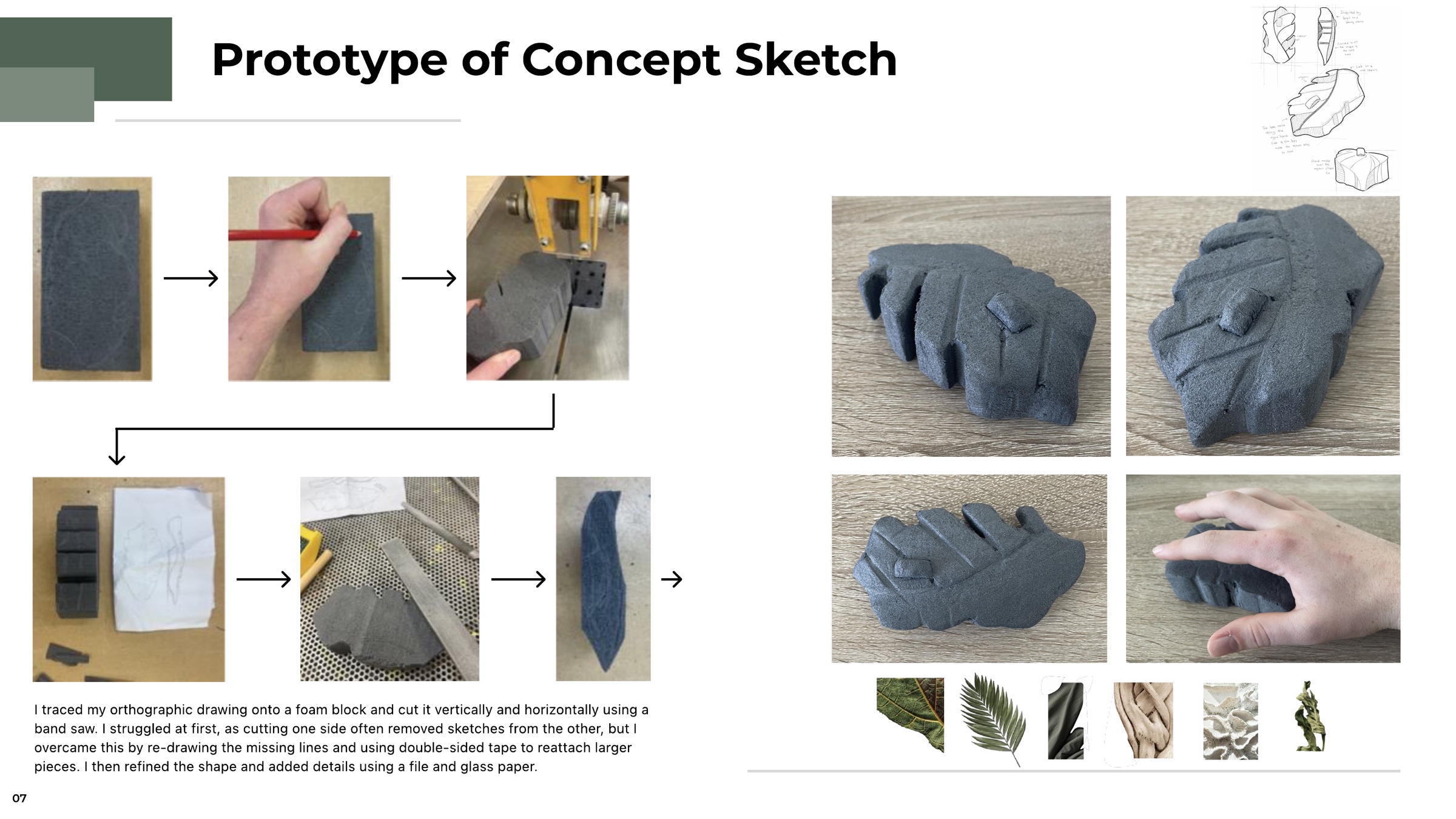 Process photos of the first foam prototype being traced, band-sawn and filed, with four views of the finished block