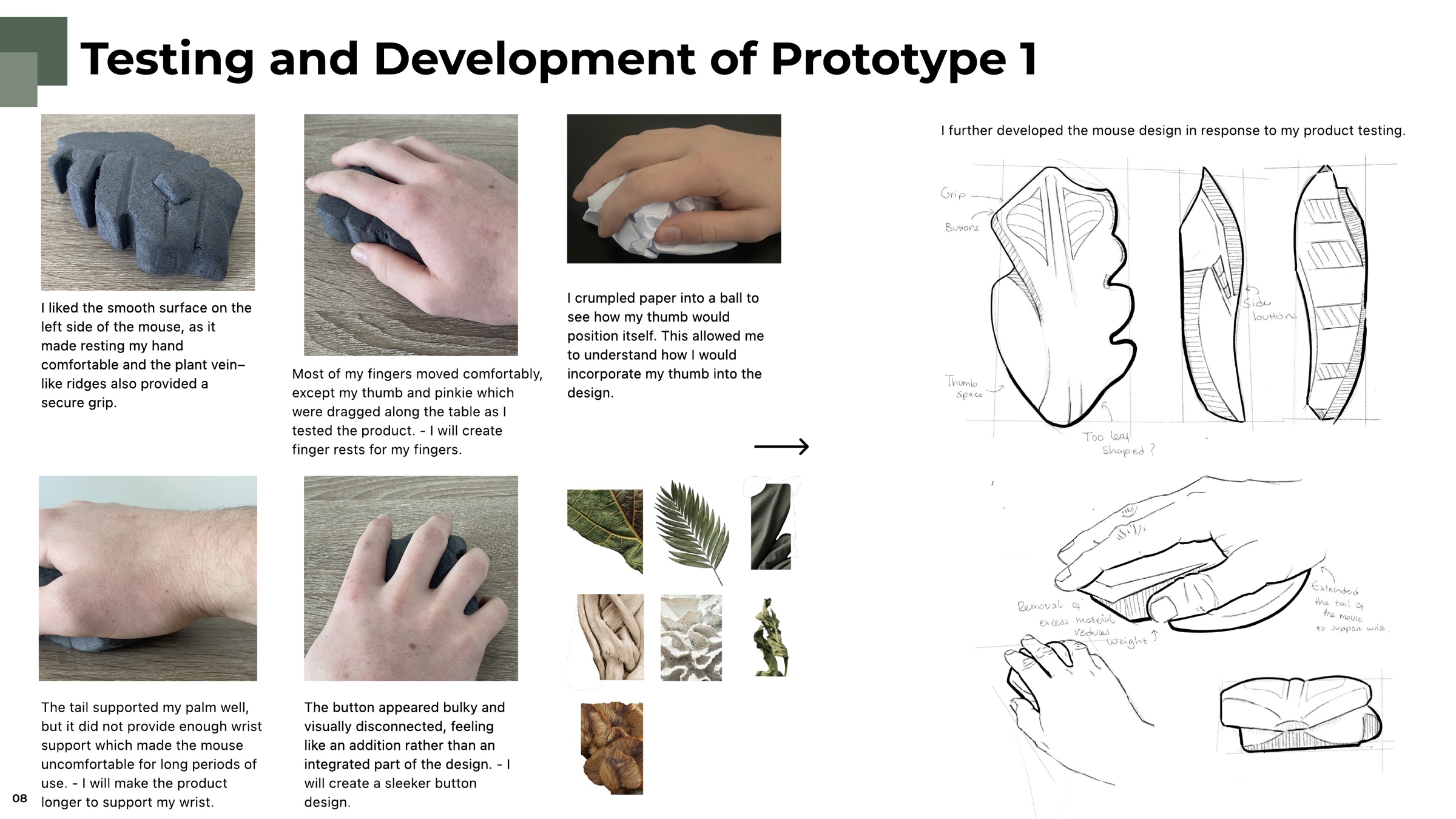 Hand-testing photos of prototype one with annotated findings and responsive development sketches