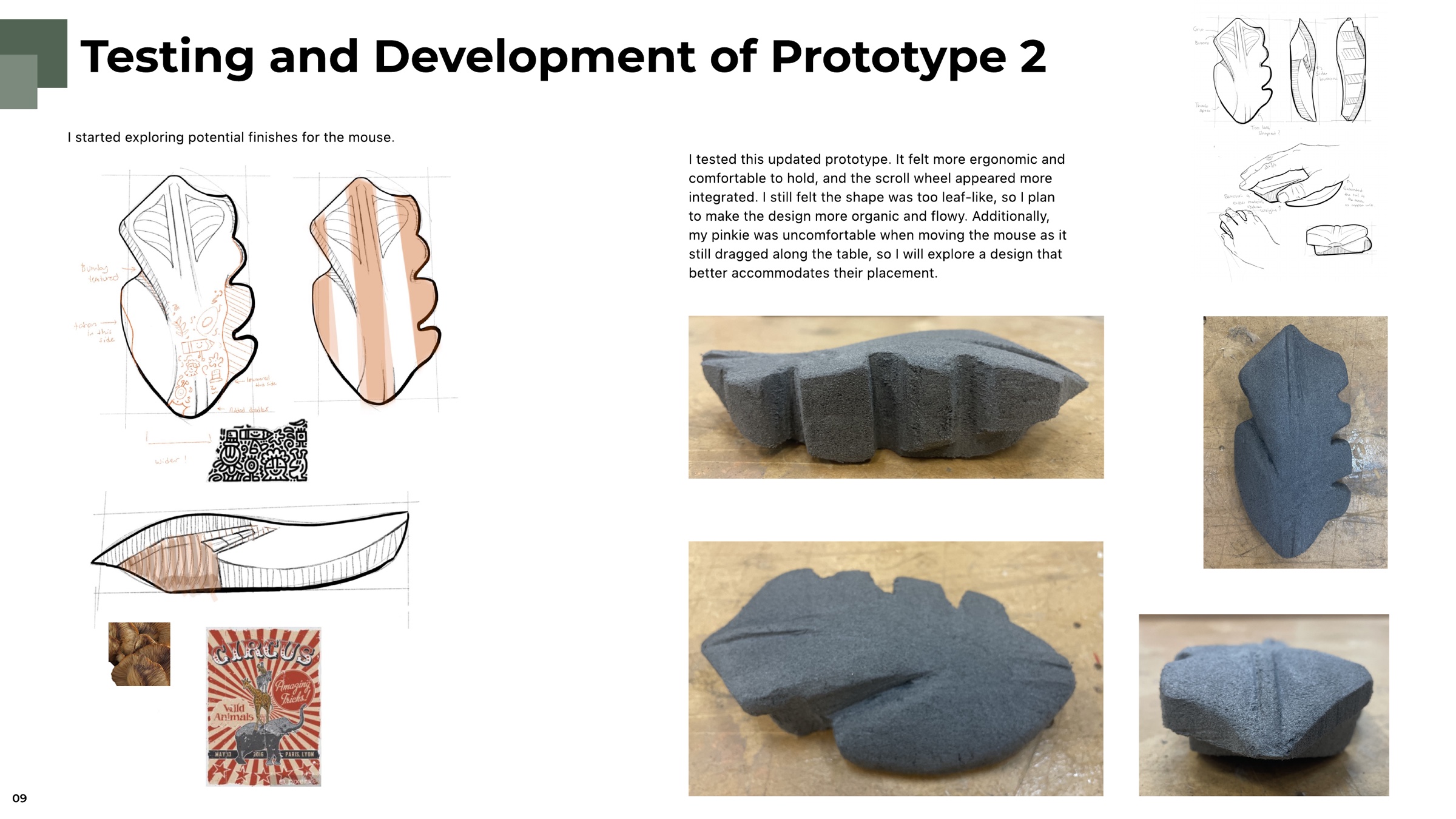 Prototype two photographed from four angles beside early finish studies in orange and black doodle patterns