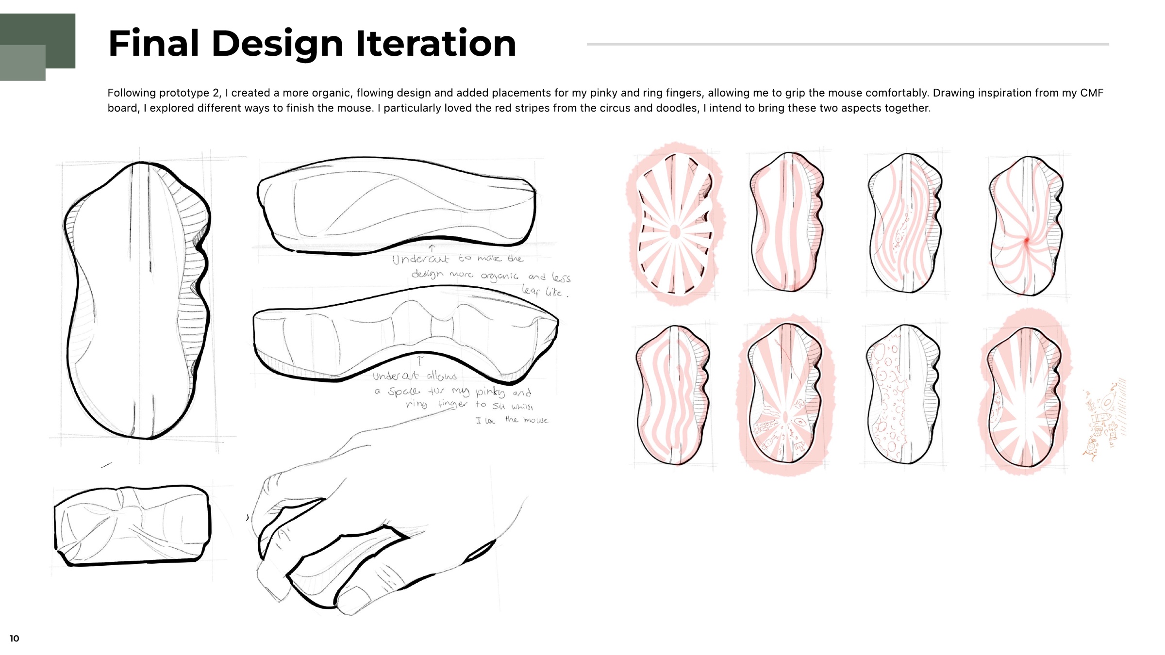 Refined organic form drawings with an undercut, beside eight red finish studies