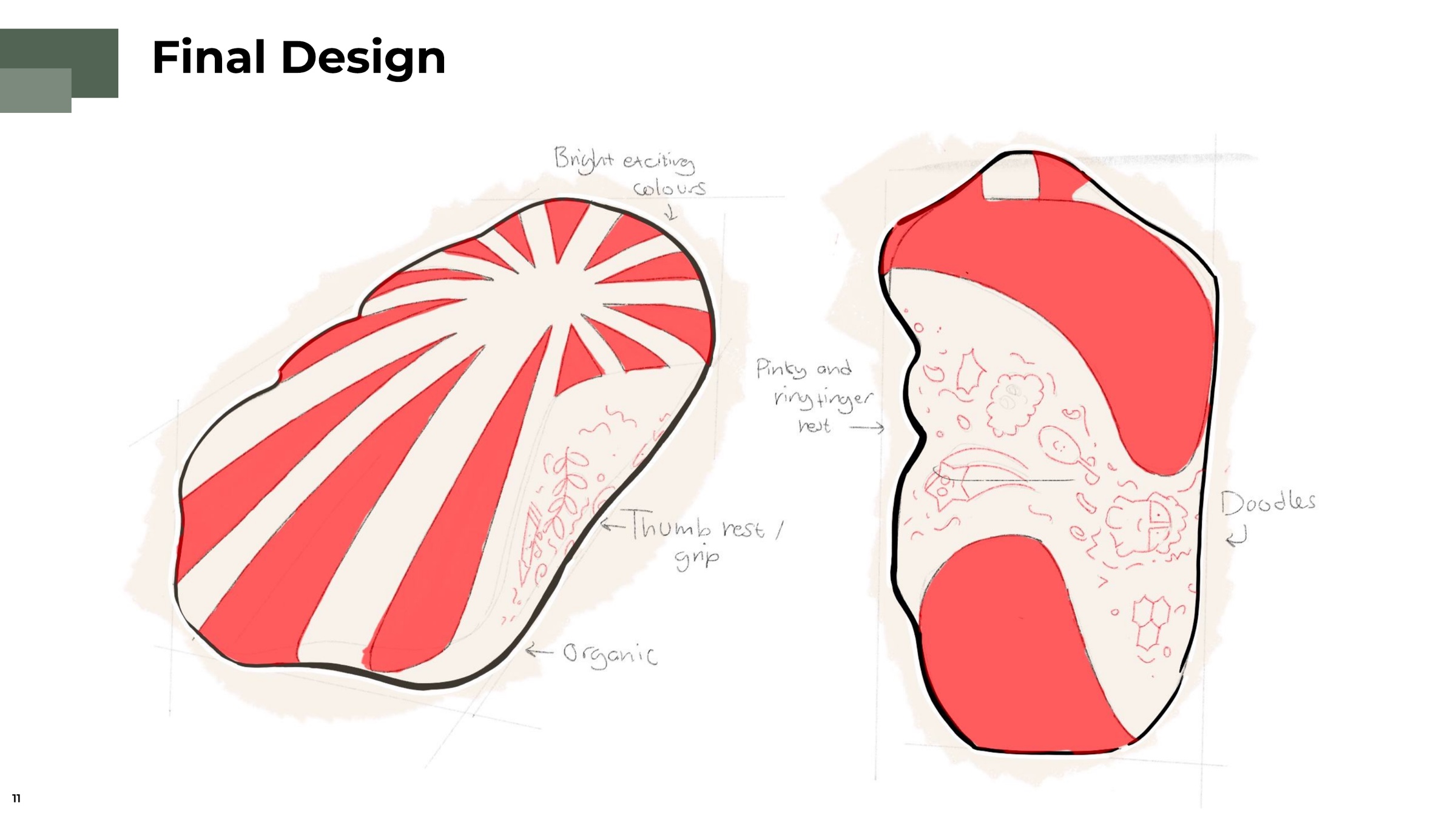 Annotated final design rendering showing the sunburst top, thumb rest, doodled side and finger rests