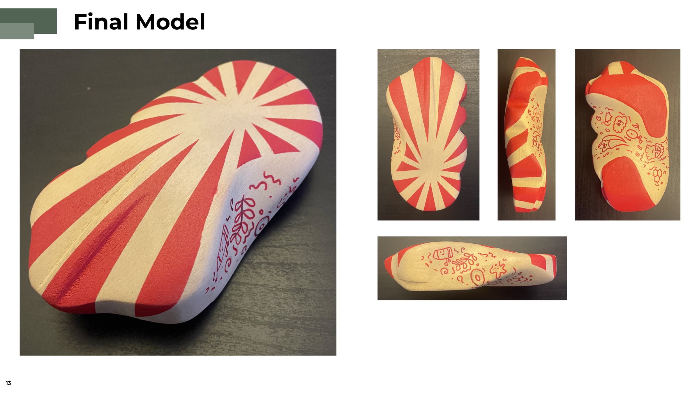 The finished WiggleLeaf model shown in hero view plus top, side, underside and rear views