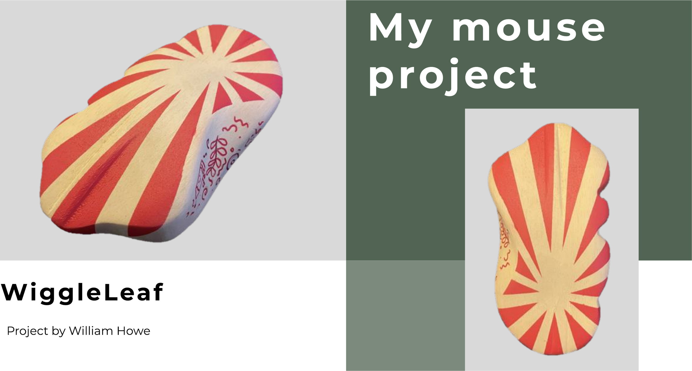 The finished WiggleLeaf mouse in red and cream, shown from two angles