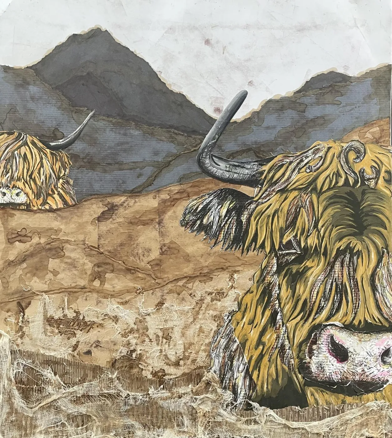 Gouache, coffee-stained paper and muslin study of two highland cows in a mountain landscape