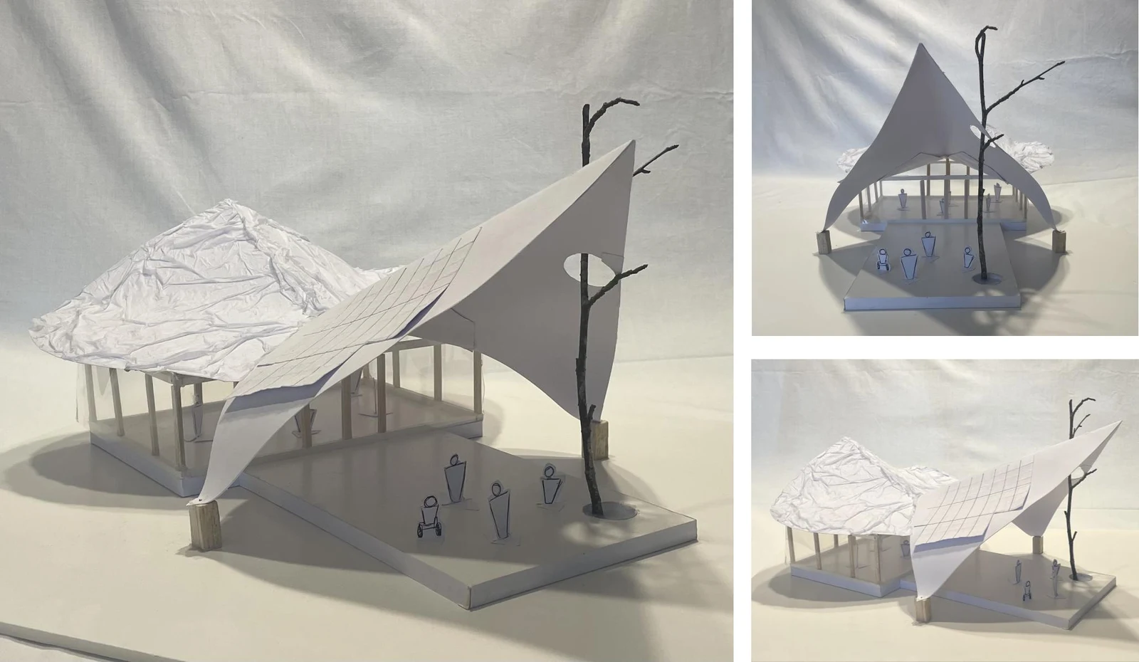 Architectural model of the sustainable school performance space: a white tensile canopy over a colonnade, with a bare sapling through the deck