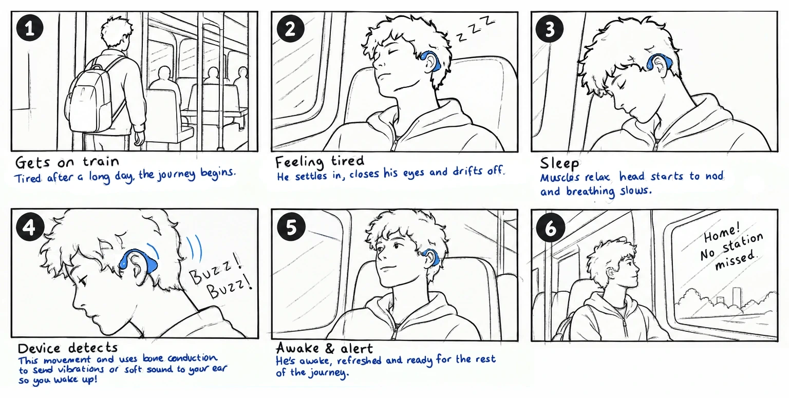 Moodboard: a six-panel journey in which the wearer gets on the train tired, drifts off, the device detects the nodding head and wakes them with a buzz, leaving them awake and alert with no station missed