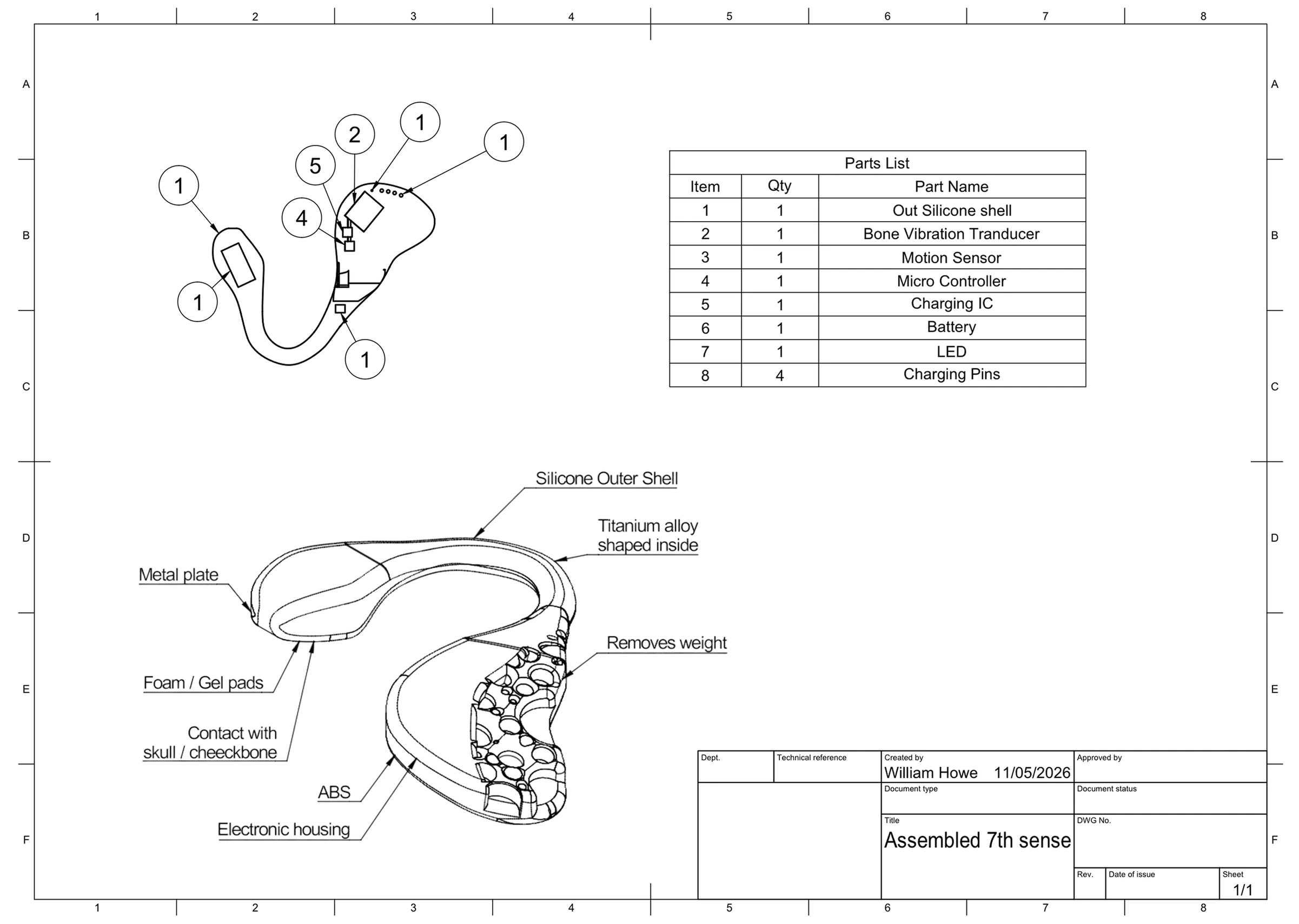 Technical drawing: assembled Seventh Sense earpiece with a parts list of eight components and a sectioned view labelling the silicone outer shell, titanium alloy inner frame, metal plate, foam and gel pads, ABS electronic housing and the skull contact point