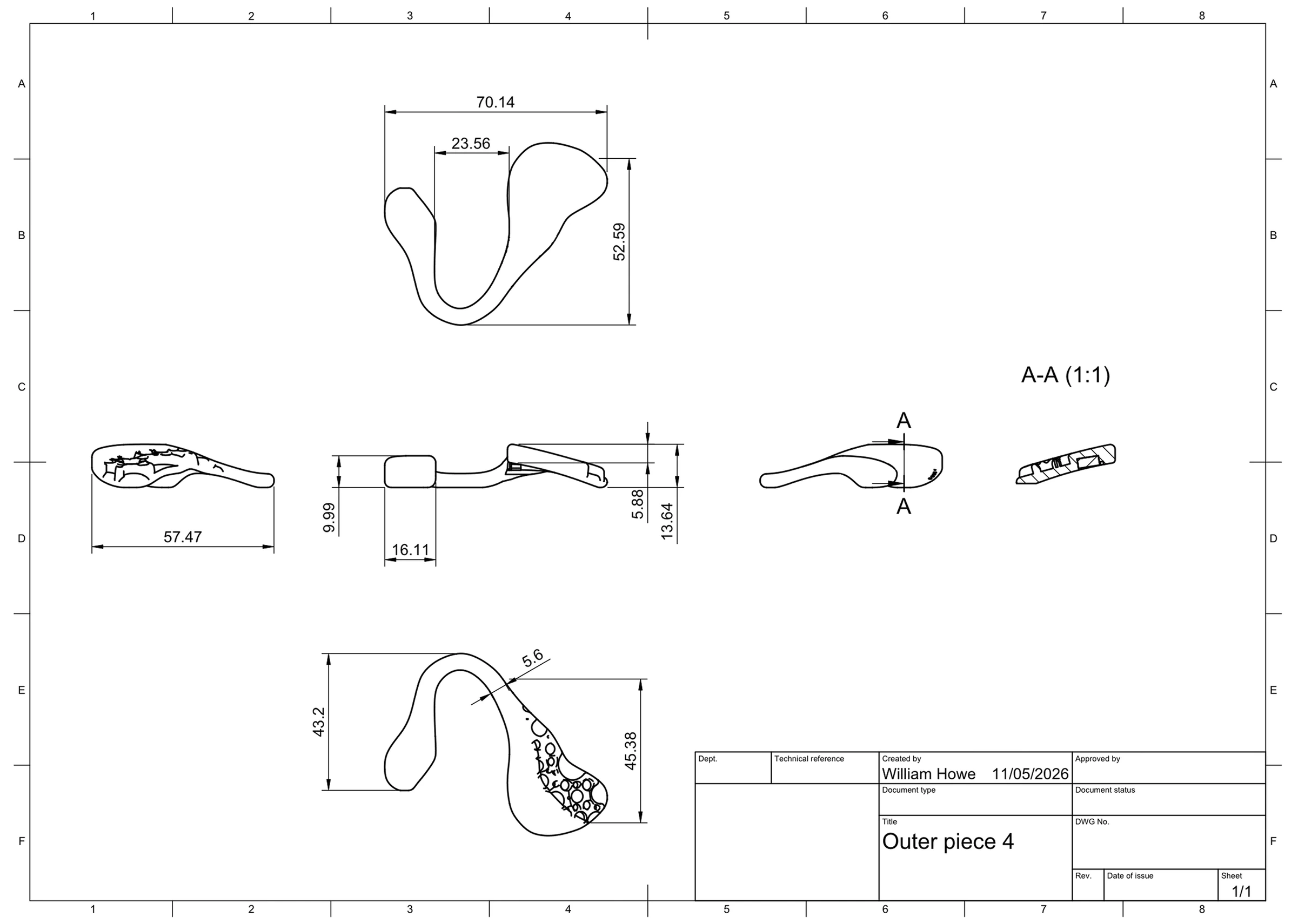 Technical drawing: outer piece of the earpiece in orthographic views with dimensions in millimetres, including a 70.14 mm overall length, 52.59 mm height and an A-A section at 1:1