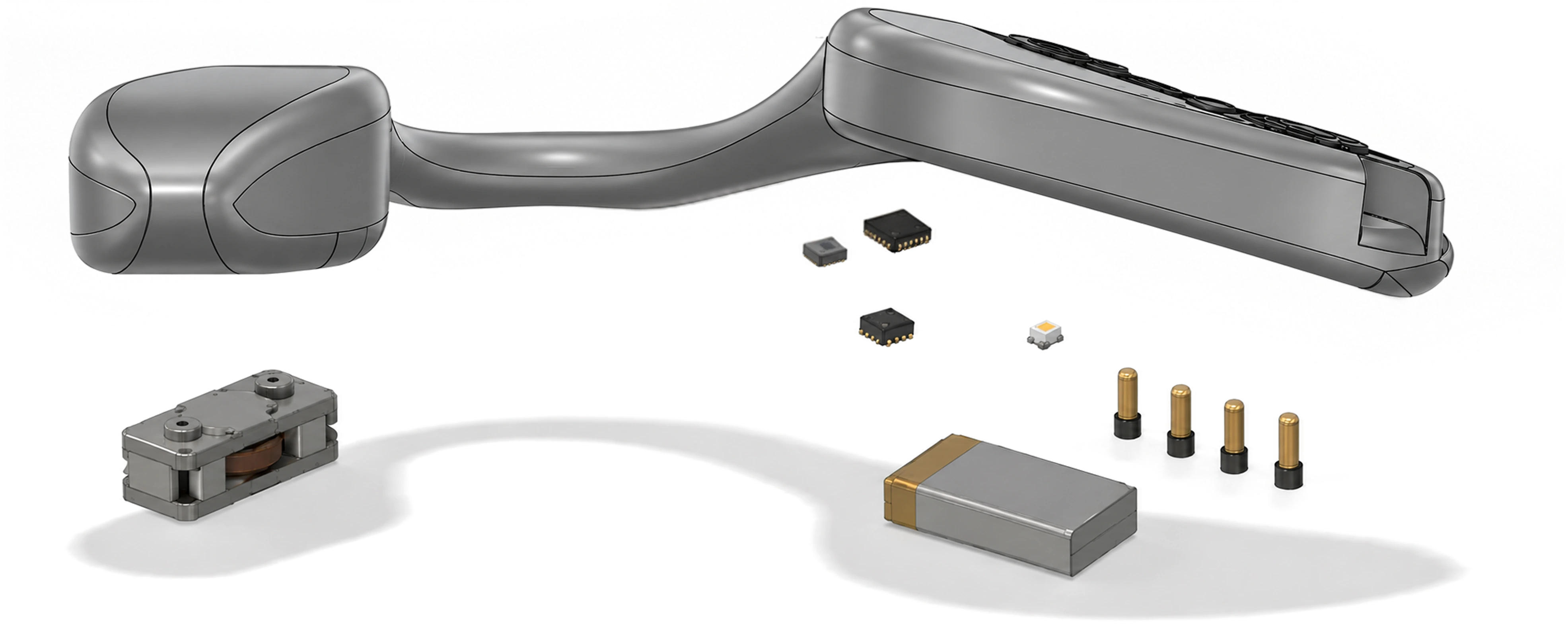 Exploded view of the earpiece showing the shell separating from the internal components