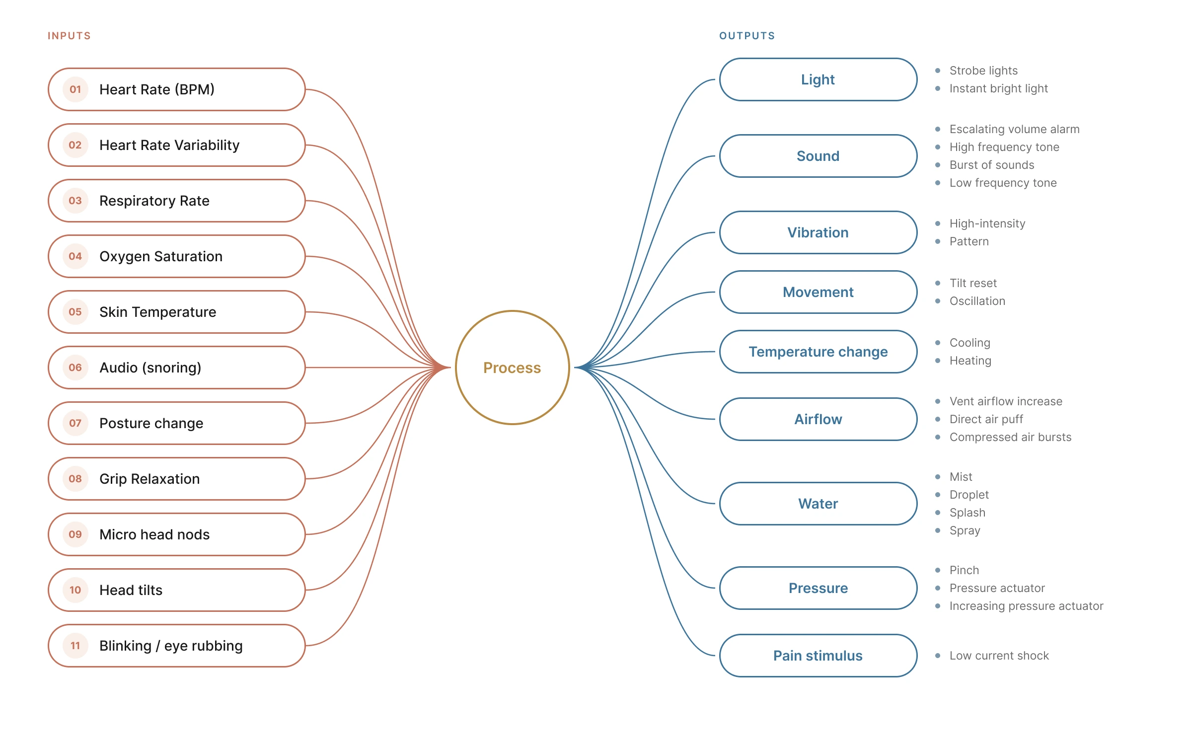 Inputs to outputs: eleven sensed inputs feed a scoring process, which drives nine possible outputs