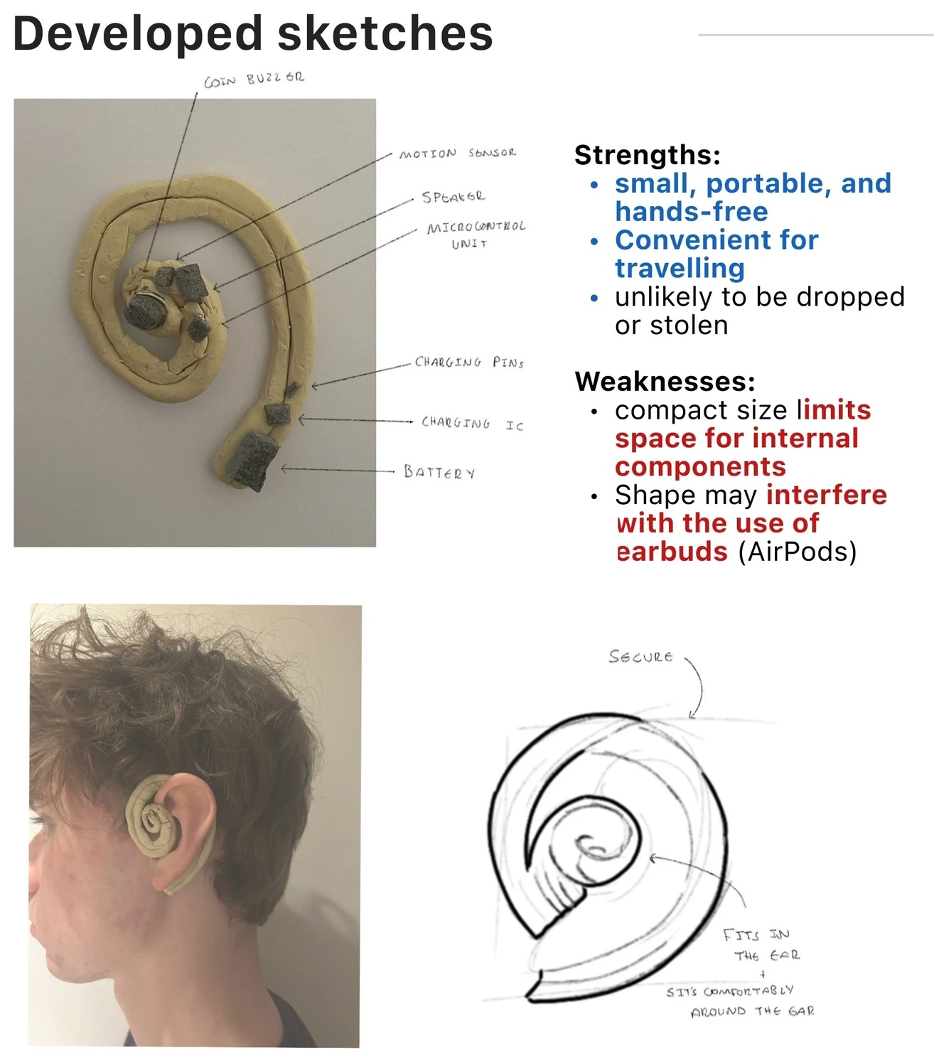 Concept 1 — spiral in-ear form: clay model with components labelled, worn on the ear, and strengths and weaknesses