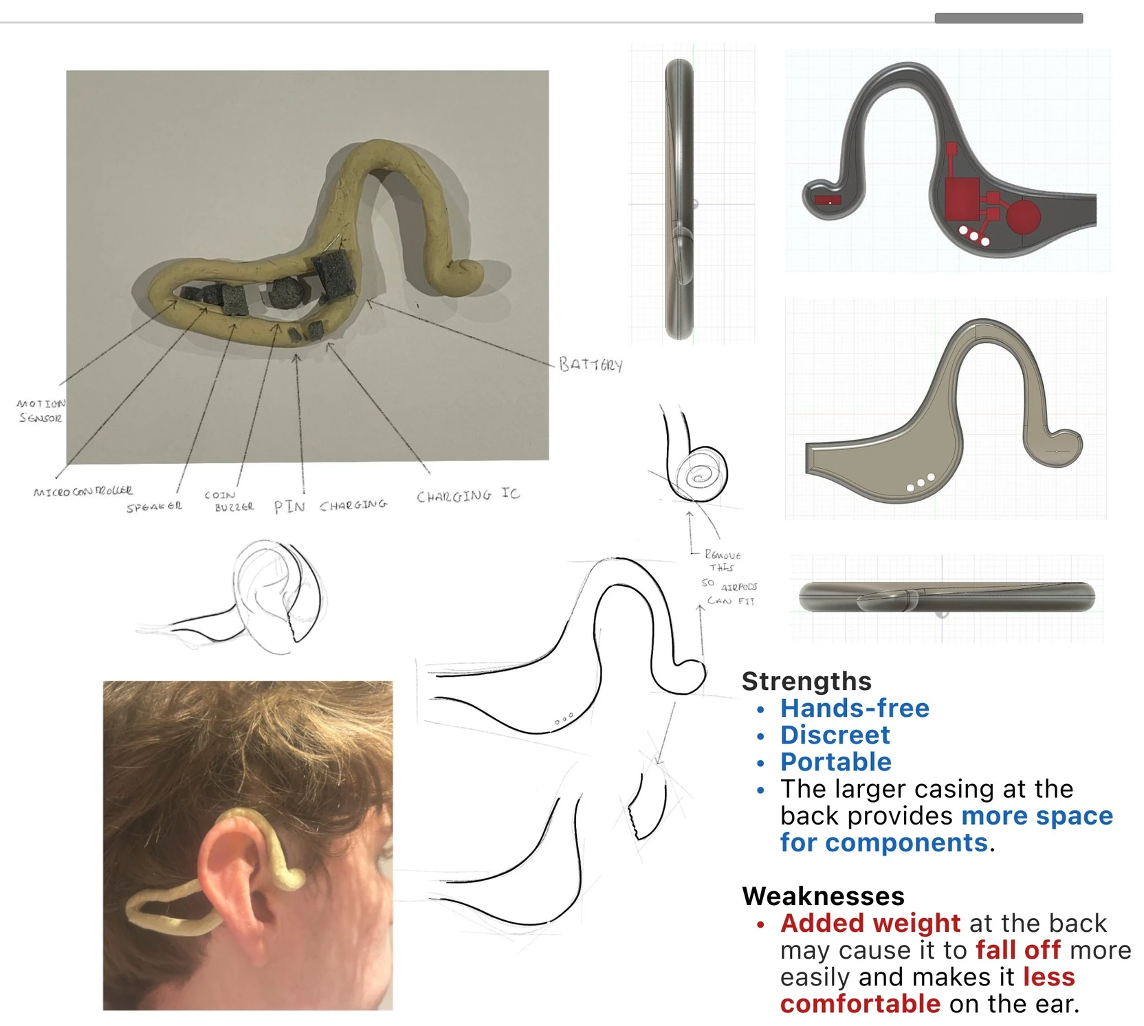 Concept 2 — over-ear hook with a larger casing at the back for components, shown as clay model, CAD and worn