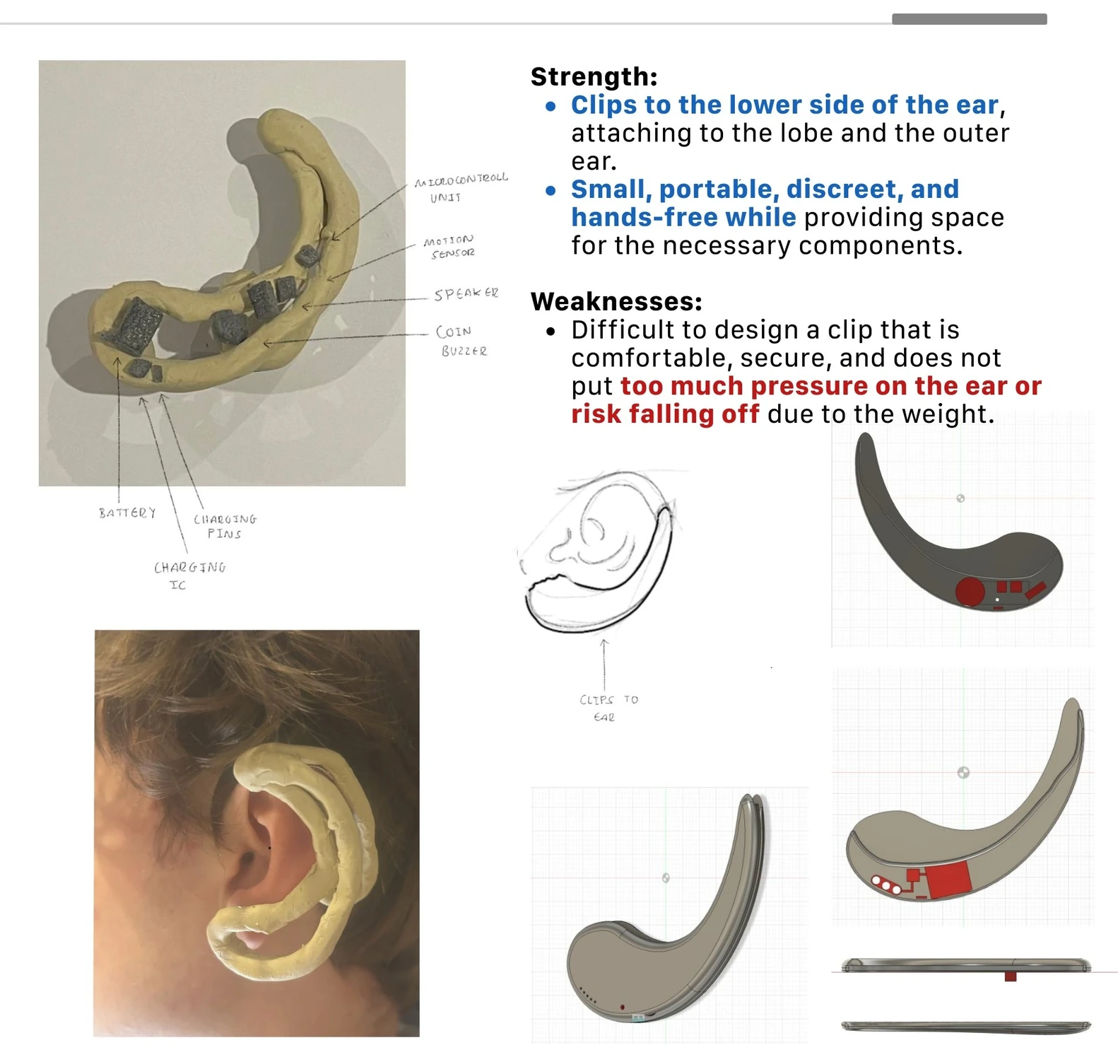 Concept 4 — clip that attaches to the lobe and outer ear, with CAD views and worn model