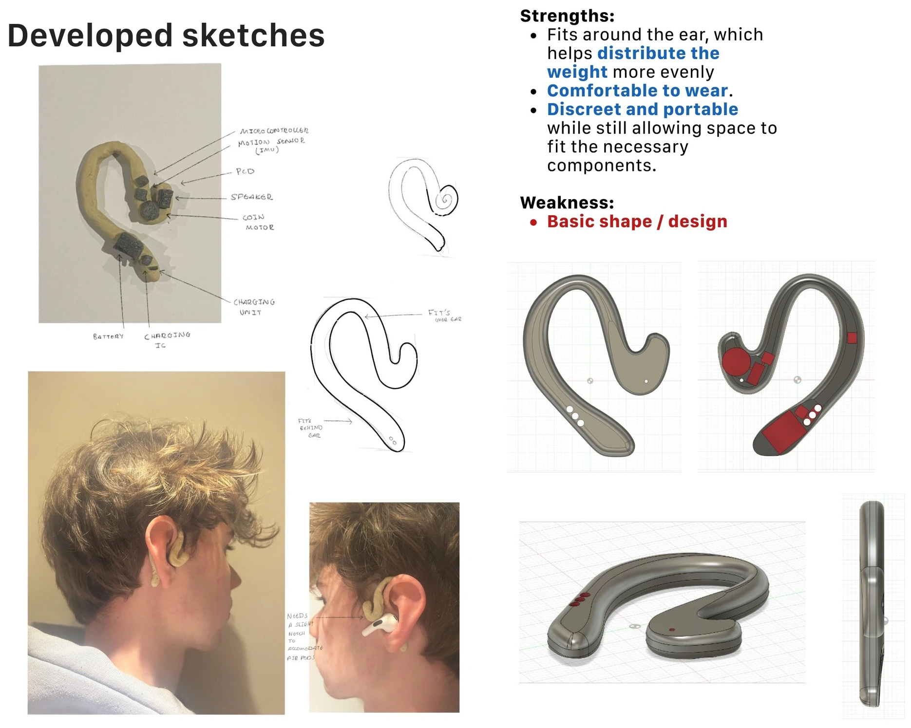 Concept 5 — ear hook that fits around the ear to distribute weight, shown worn alongside AirPods and as CAD