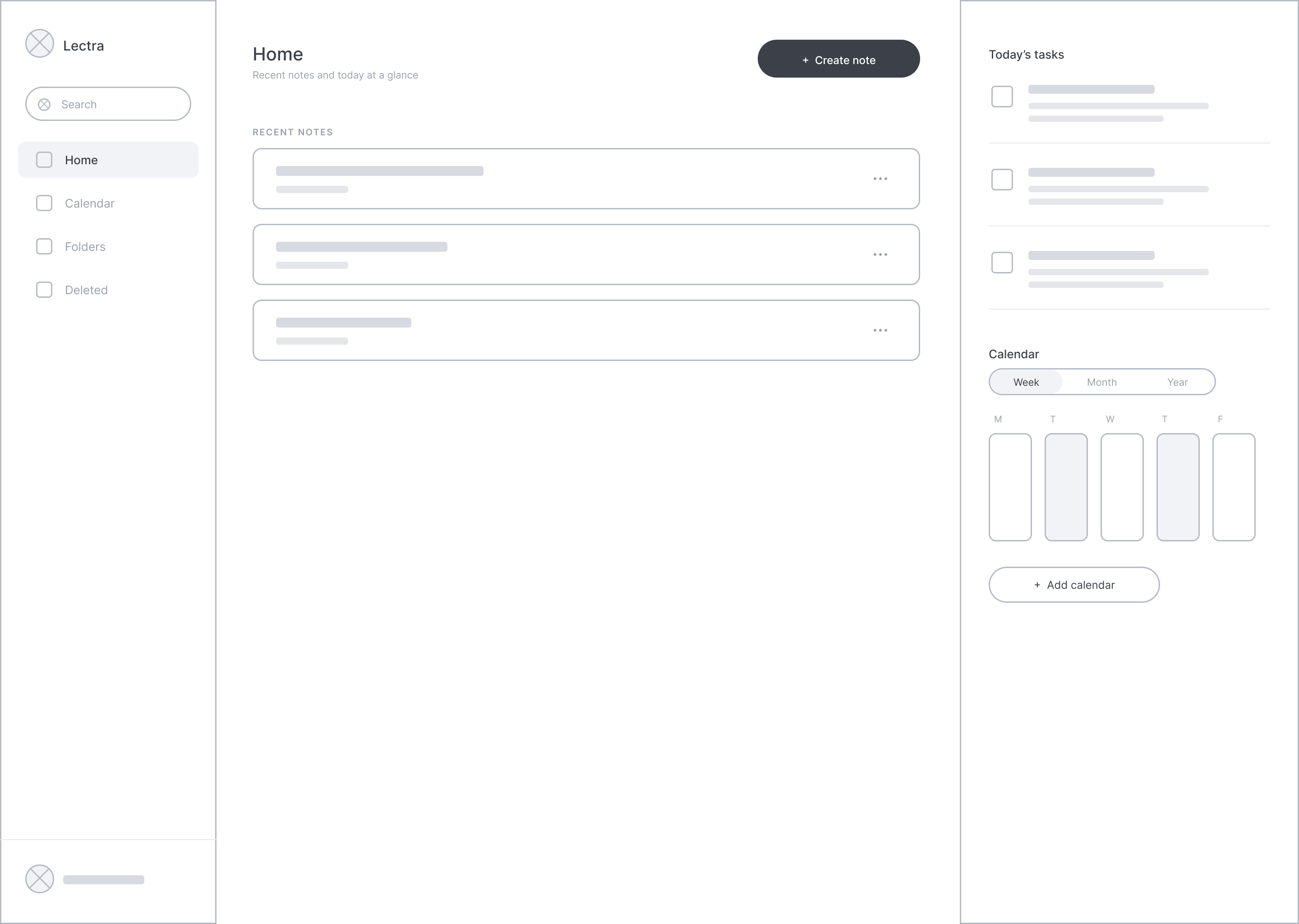 Home dashboard wireframe showing recent notes, today’s tasks and a mini calendar