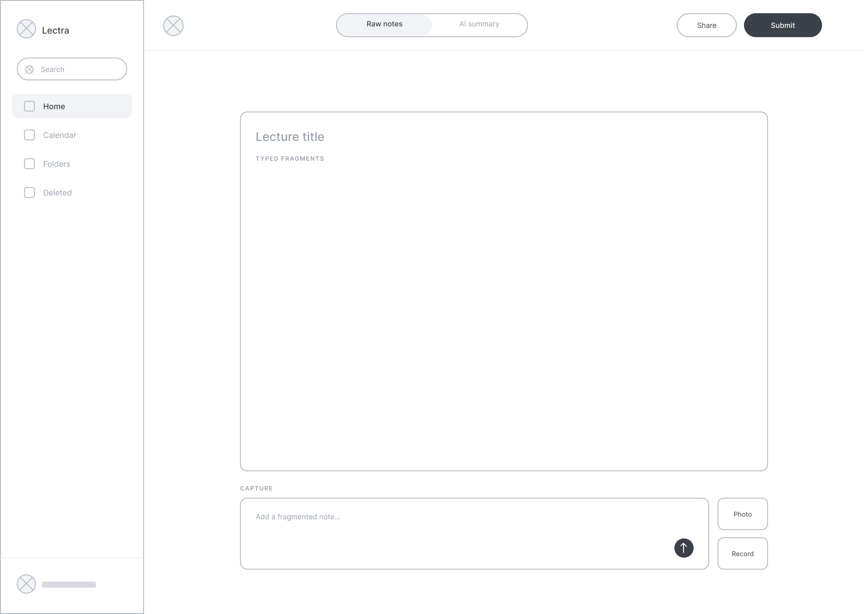 Lecture capture wireframe with a blank note sheet and a fragment composer