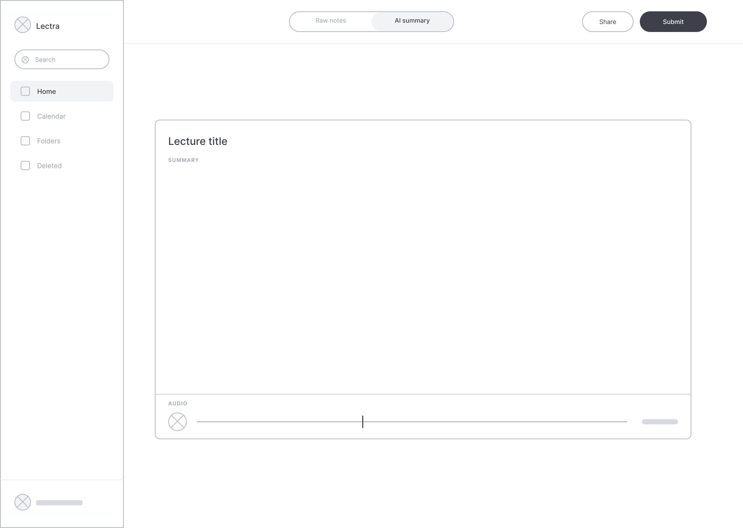AI summary wireframe with the processed note sheet and an audio player