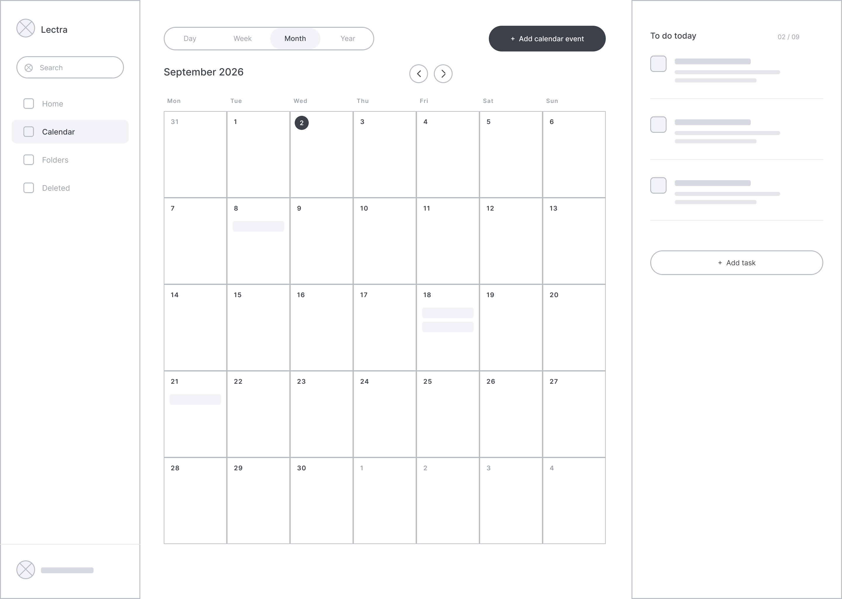 Calendar wireframe with a month grid and a to-do rail